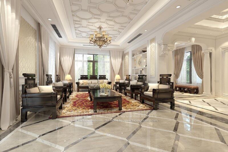 Mẫu Sofa tân cổ điển được làm từ gỗ tự nhiên sơn đen nổi bật, kết hợp với đệm ngồi bọc da màu trắng - một nét đẹp cổ xưa, quý tộc.