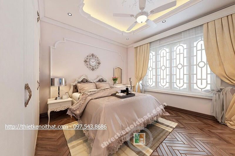 Thiết kế nội thất phòng ngủ theo phong cách tân cổ điển cao cấp và sang trọng.