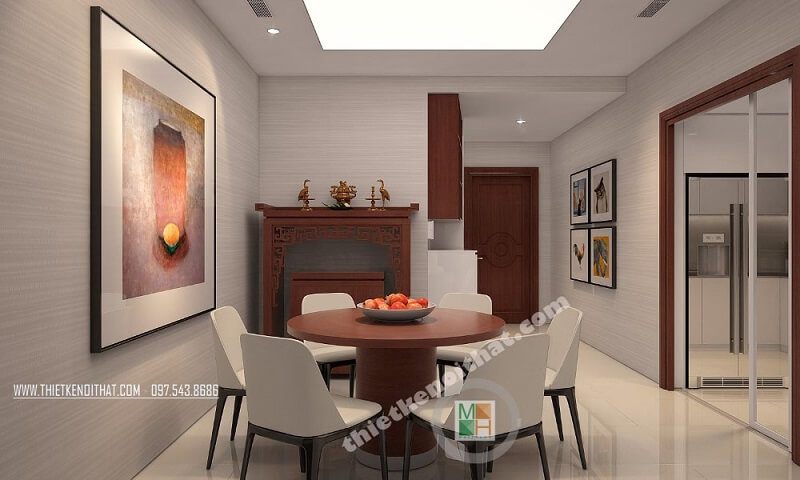 Khu vực phòng ăn chung cư được bố trí đơn giản và hợp lí, tiết kiệm diện tích và tạo ra một không gian gần gũi cho gia chủ. Ngoài ra, khu vực thờ cũng được đặt ở vị trí thích hợp.