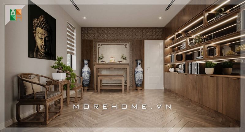 Không gian phòng thờ được thiết kế chủ yếu bằng nội thất gỗ tự nhiên, với mẫu ốp tường gỗ bàn thờ đầy sang trọng và đẳng cấp.